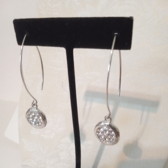 Fashion Earrings 2.5" Dangle Silver Tone Round Disk With Crystals/Rhinestones - Picture 1 of 5